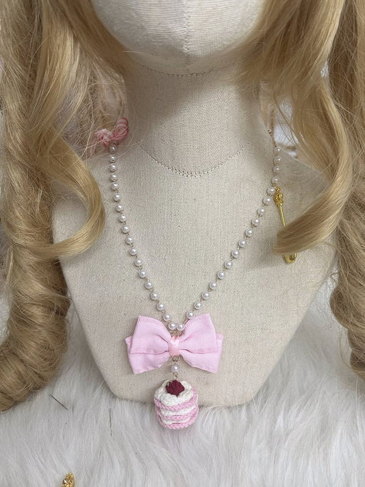 Mini Bow Lolita Sweet and Cake Necklace Pink with Pendant