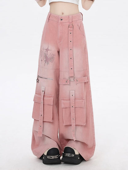 Print Wide-Leg Cargo Jeans Pink Butterfly Strap Details Vintage