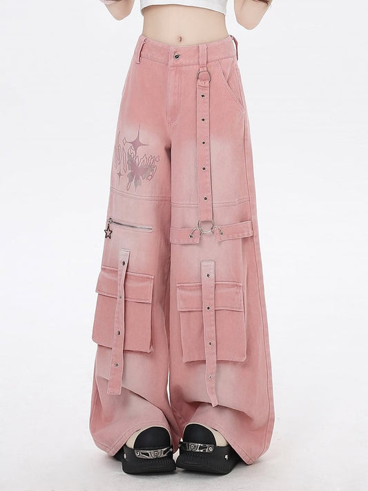 Print Wide-Leg Cargo Jeans Pink Butterfly Strap Details Vintage