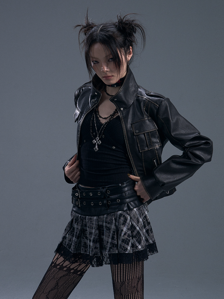 Black PU Vintage Punk Crop Jacket with Buckle Accents