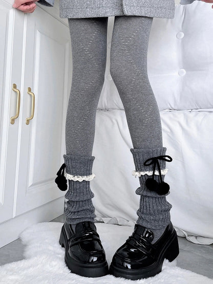Leg Warmers Gray Slouchy Lace Pom-Pom Dark Ribbed