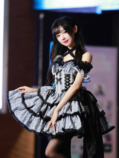 Dress Lolita Multi-Layered Texture with Dark Blue Skirt and JSK Floral Black