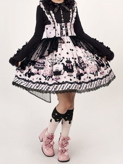 Lolita Cake Kitty Print Pink and with Straps Waist Ruffle Detachable High Skirt