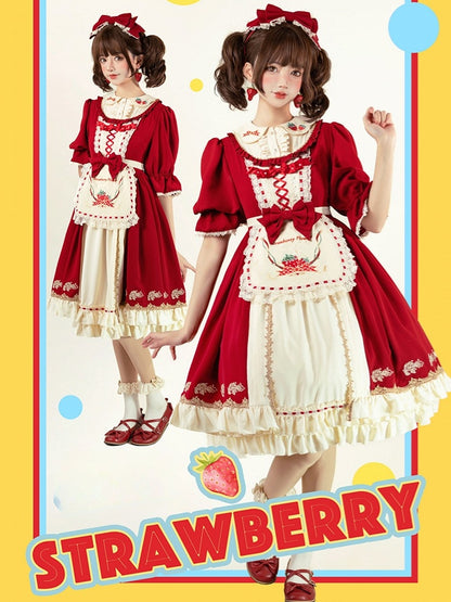 with Lolita Hem and Sweet Beige Embroidered Red Dress Ruffle Strawberry Short-sleeved Apron