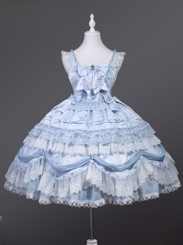 Hellblauer Lagenrock mit Schleife und Akzent, Hanayome-Kleid, süßer Hime-Lolita-Pulloverrock
