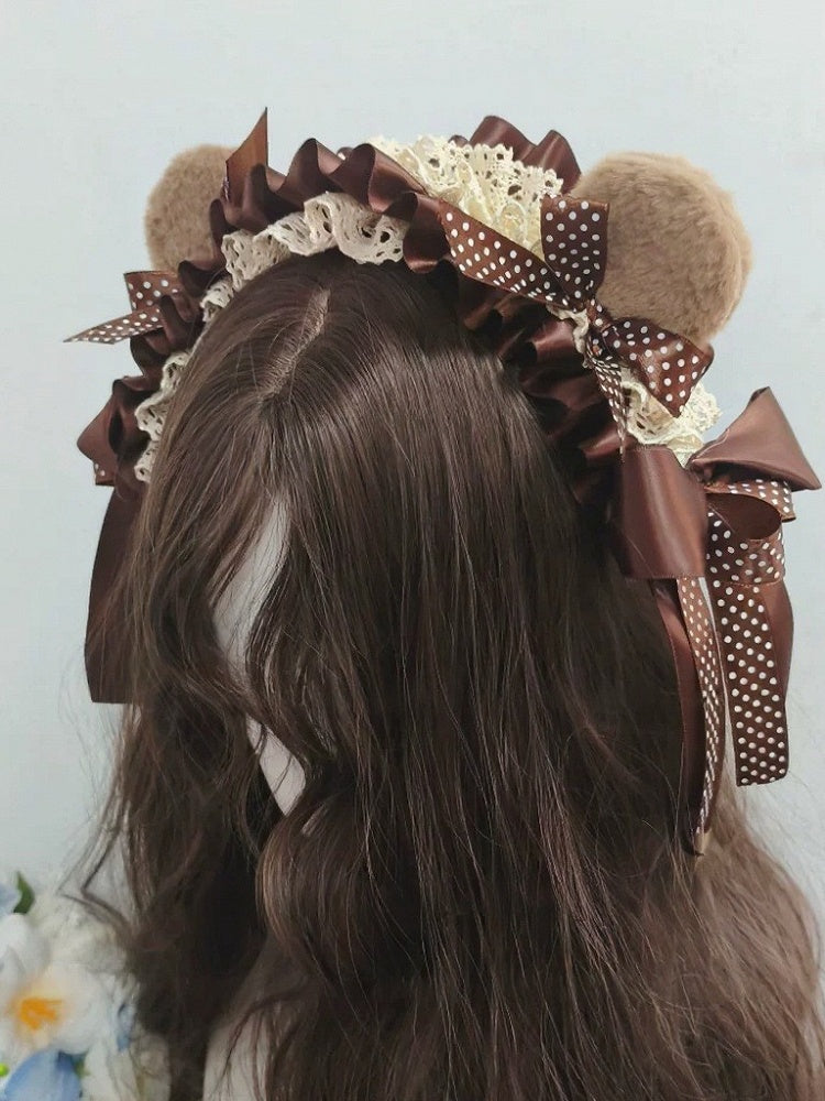 Dark Brown Bear Hairband with Polka Dot Lace - Ye Cheng Hair Accessory