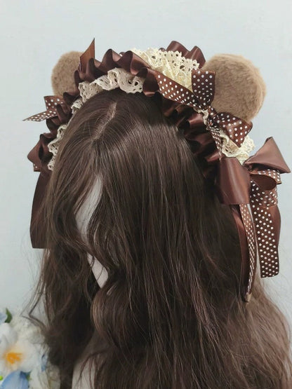 Dark Brown Bear Hairband with Polka Dot Lace - Ye Cheng Hair Accessory