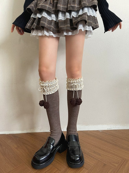 Colors with Decorations 5 Pom-Pom Warm Trim Calf Socks Lace