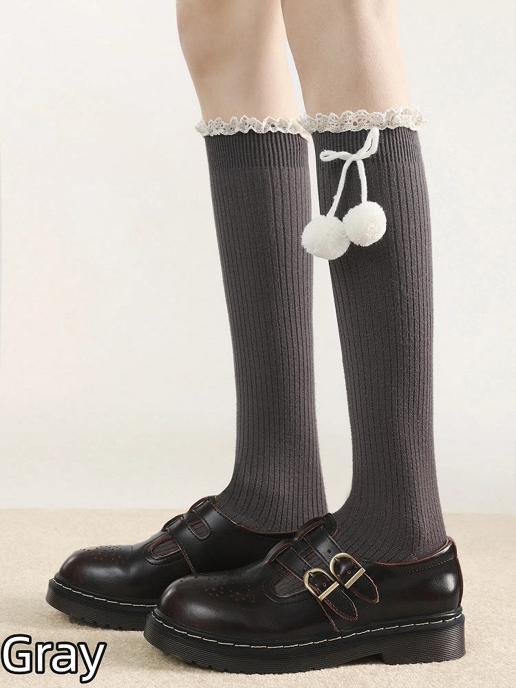 Lolita Socks Calf (5 Decor Colors) Pom-Pom