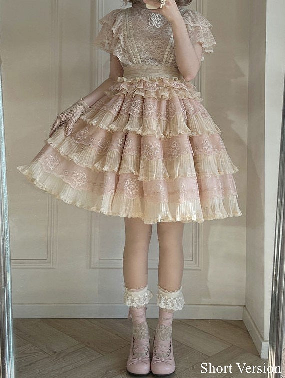 Tulle Details Skirt Beige Elegant Flower Embroidery with Pink Lolita Multi-Layered
