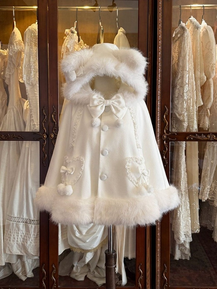White Cat Ear Sweet Lolita Winter Cape with Plush Trim Bow Accents - Sweetheart Dream