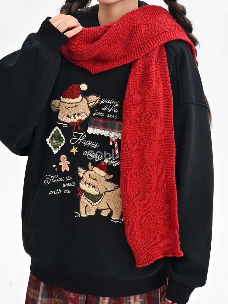 Black Cute Reindeer Appliques Thick Hoodie