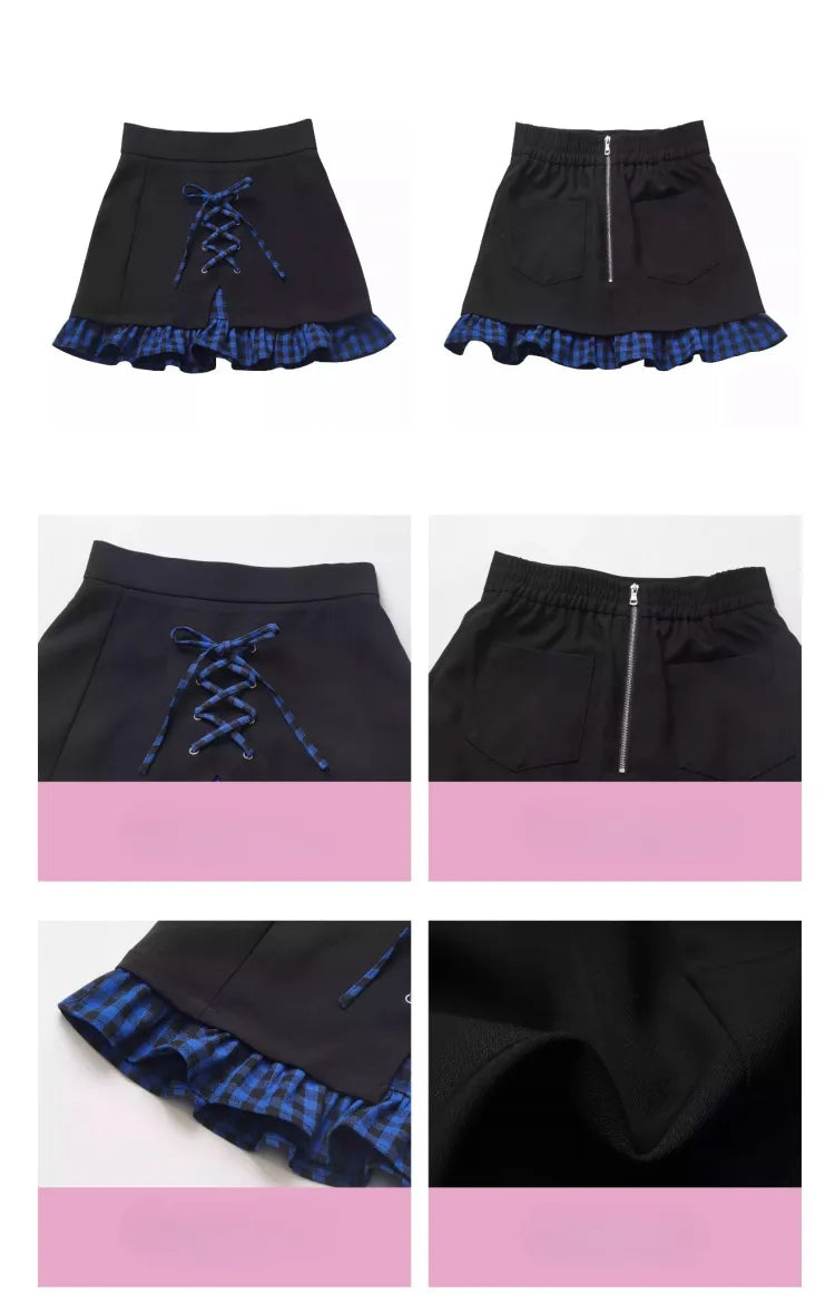 ダークブラックスカート、ブルーのチェック柄と裾