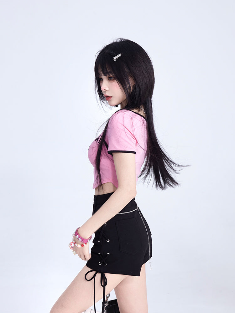 Lace-Ups Side Shorts Fly Crisscross with Button Black Summer