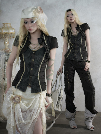 Punk Army Green Faux Two-Piece Short Sleeve Blouse with Lace and Ruffle Trim - NO ROMANCE