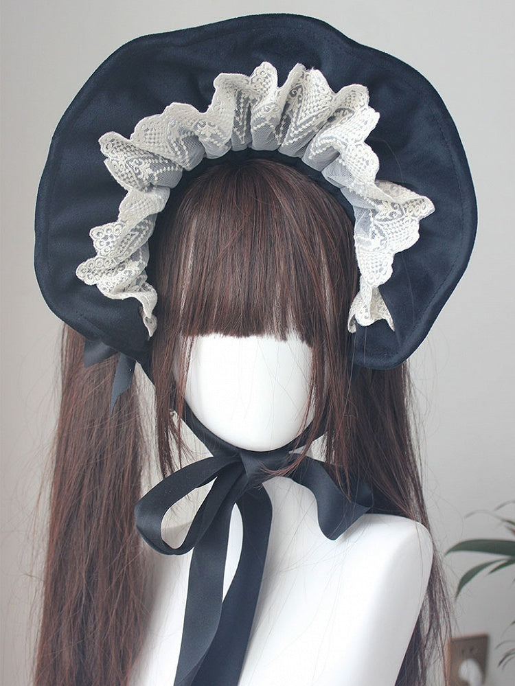 Black Velvet Lace Trim Bonnet With Bowknot Details Hairclips
