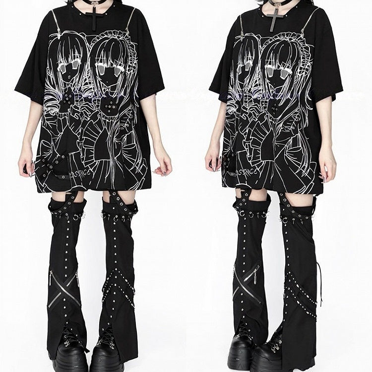 Shoulder Cutout Dark Jirai Top Short-Sleeve Printed Girl Kei