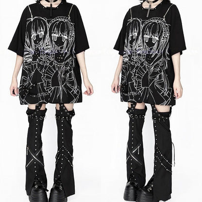Shoulder Cutout Dark Jirai Top Short-Sleeve Printed Girl Kei