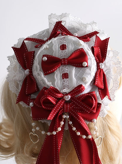 Bowknot Decorations Hat With Mini Heart-Shaped Red White Bead Charming Charms and Lace Lolita And