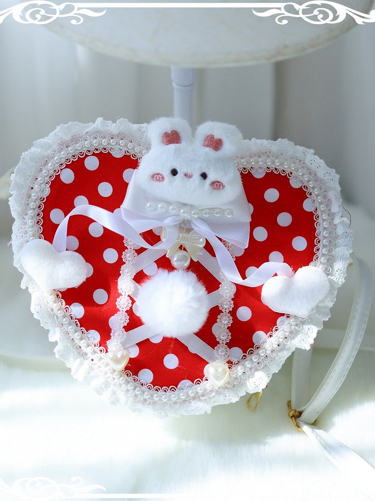 Design Crossbody Polka-dot Bag Pattern Decorated With Pompon Plush Beaded Heart-shaped Bunny Red