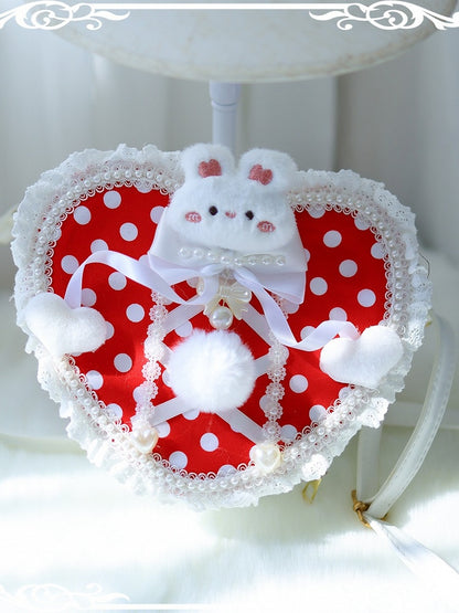 Design Crossbody Polka-dot Bag Pattern Decorated With Pompon Plush Beaded Heart-shaped Bunny Red