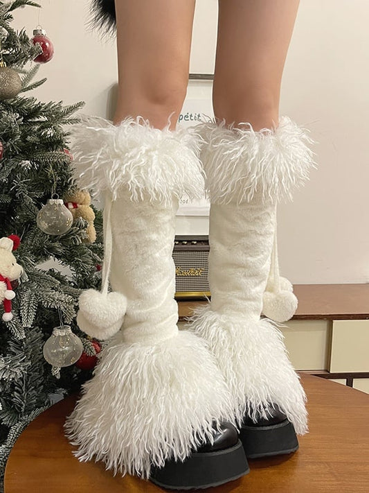 ハート型ポンポン付きホワイトロリータシャギーカフスレッグウォーマー