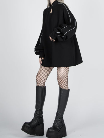Schwarzes reflektierendes Sweatshirt mit Quaste und Cyberpunk-Gürtel im Qipao-Stil