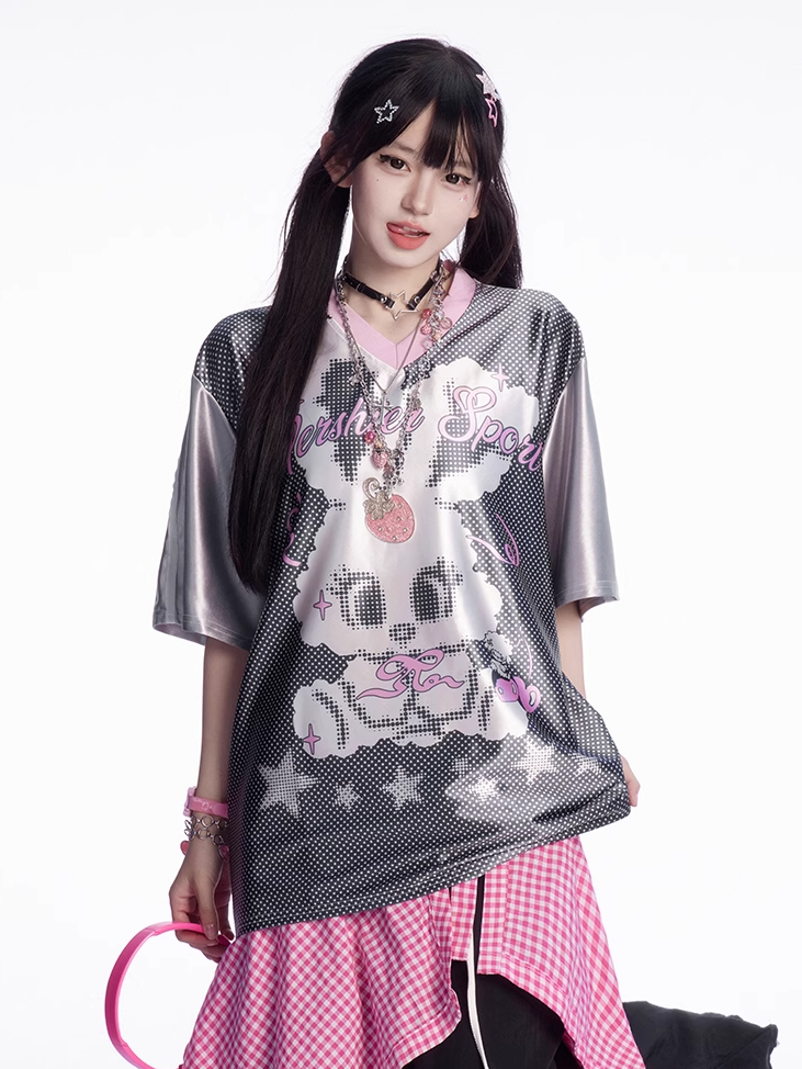 愛らしいウサギのプリント、白黒Vネック水玉Tシャツ