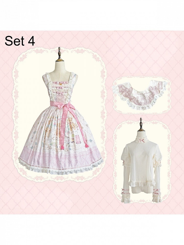 Sweet Lolita JSK Dress Set in Pink with Kawaii Bear Print and Self-Tie Belt - Treasure House