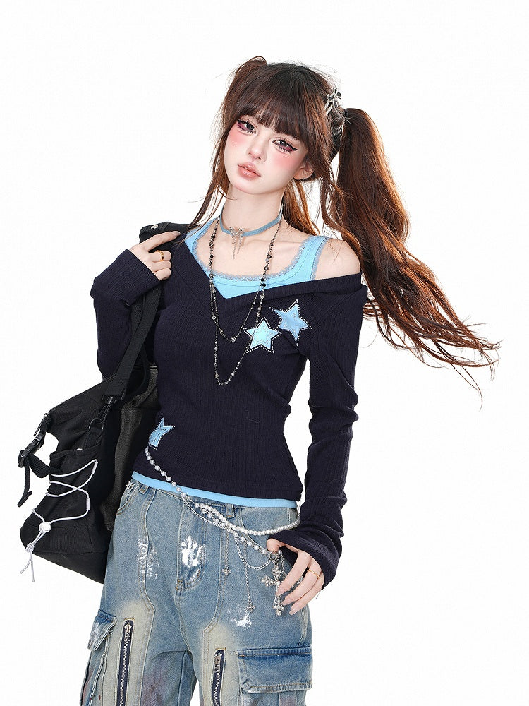 Black Blue/Black Red Rhinestone Star Glamorous Top