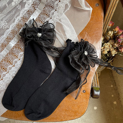 Double-Layer Bead Black/White Bowknot Mesh Socks Heart