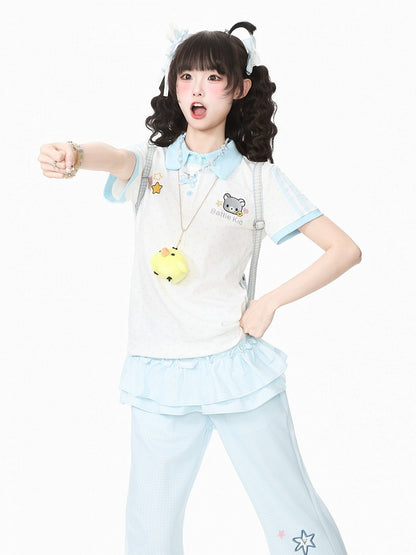 White Polka-Dot Tee with Bear Motif & Chick Charm - Languid Park