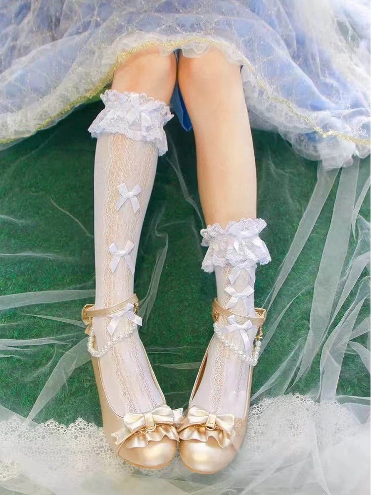 Style Lace Socks Calf Lolita White) Bow Mini (Color: