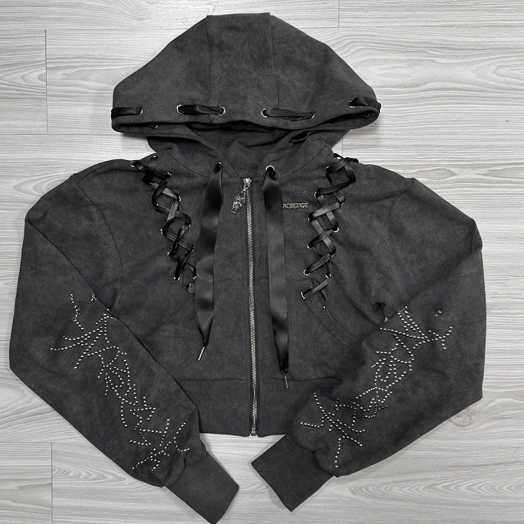 Gray Jirai Kei Stud-Decorated Hoodie Dark Lace-Up