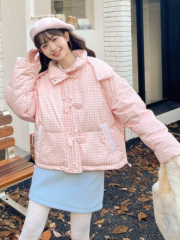 Pink Plaid Hooded Down Sweetheart Button Jacket