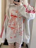 Red Anime Print Zip Closure Jacket - Corner cat