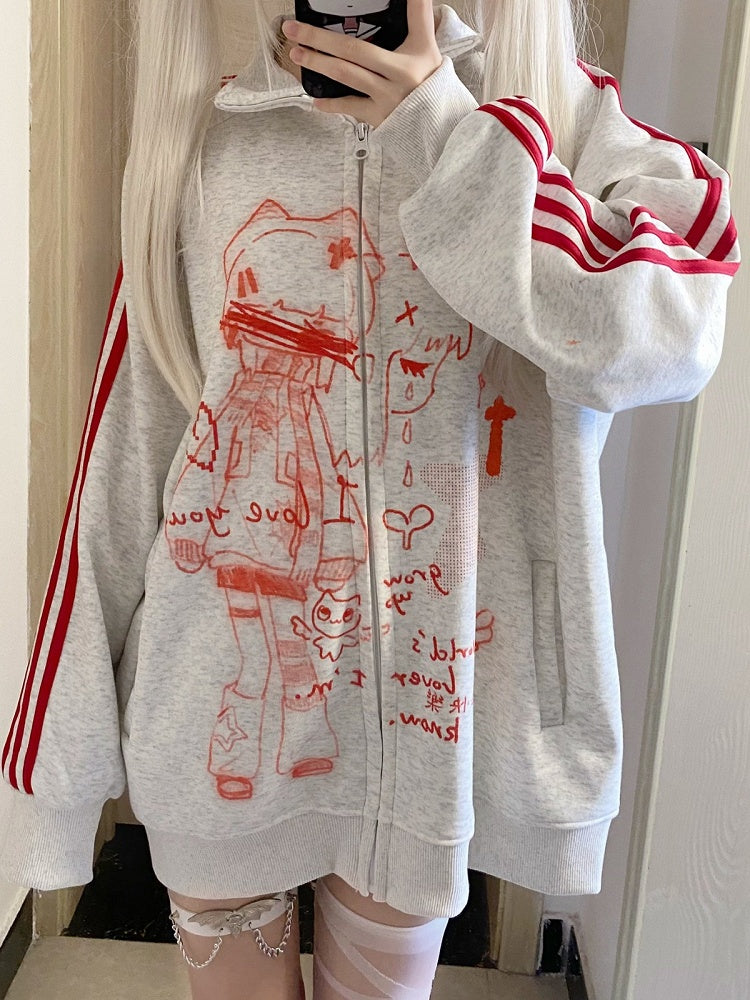 Red Anime Print Zip Closure Jacket - Corner cat