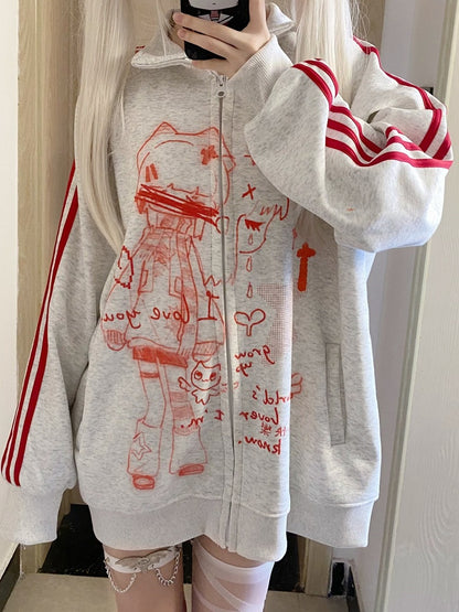 Red Anime Print Zip Closure Jacket - Corner cat