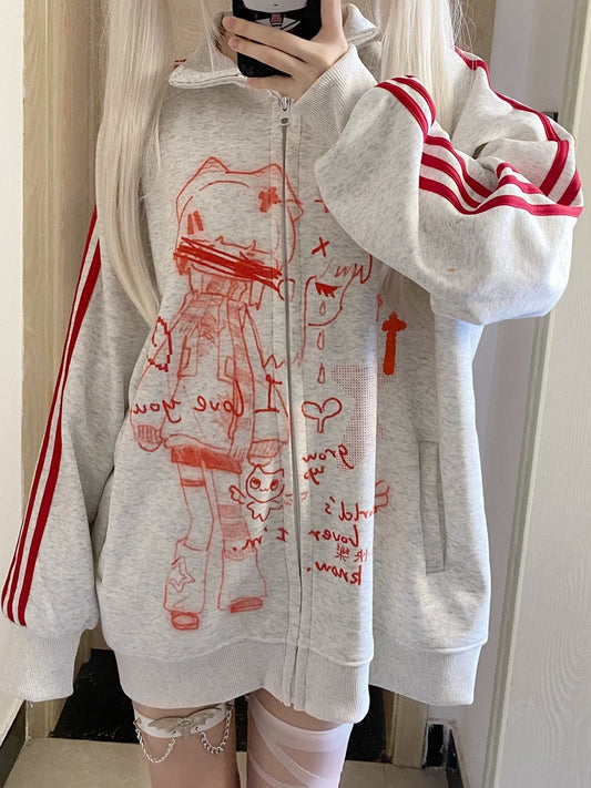 Red Anime Print Zip Closure Jacket - Corner cat