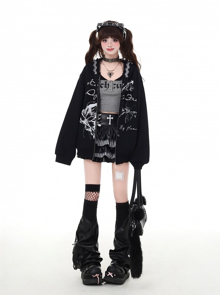Hoodie Bittersweet Black Butterfly Print Zip Closure