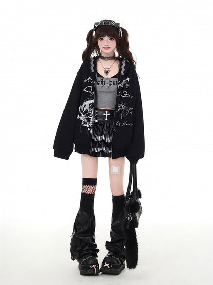 Hoodie Bittersweet Black Butterfly Print Zip Closure