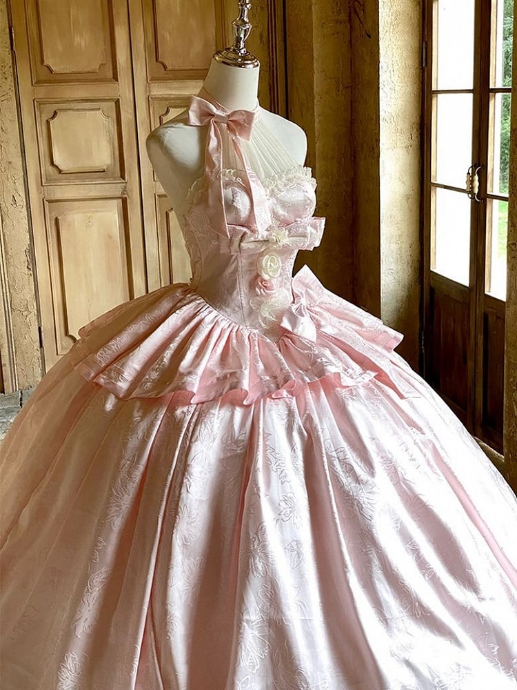 Accents Pink Floral Tie Gown Halter Satin Neck Ball and with