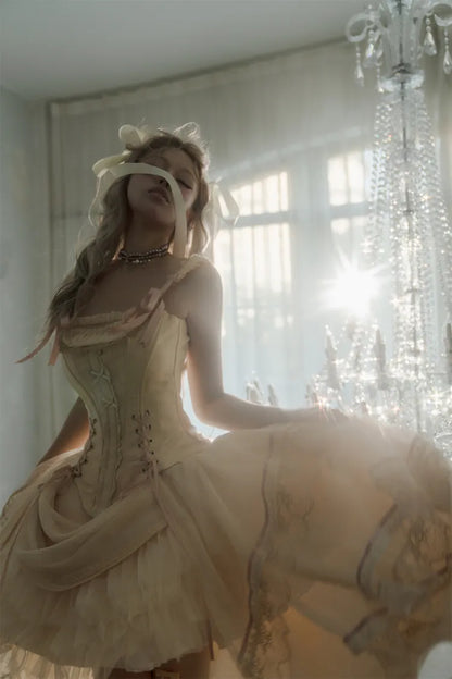 シャンパンレースアップディテールボーンコルセットトップ+ハイローレイヤードロリータスカートBE002