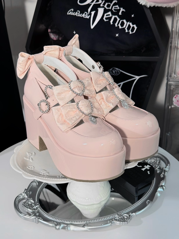 Double Jacquard Lace Bow & Ornate Rhinestones Mary Janes - Jirai Kei Pink Polished PU Platform Heel