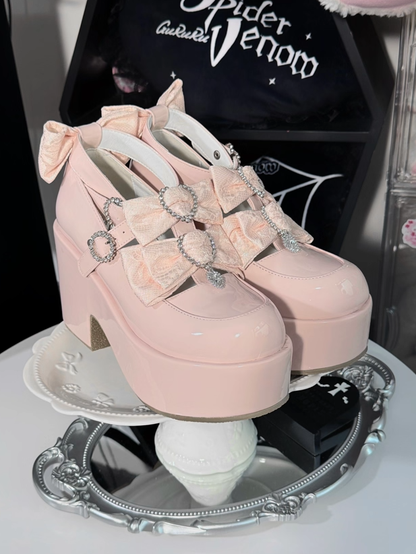 Double Jacquard Lace Bow & Ornate Rhinestones Mary Janes - Jirai Kei Pink Polished PU Platform Heel