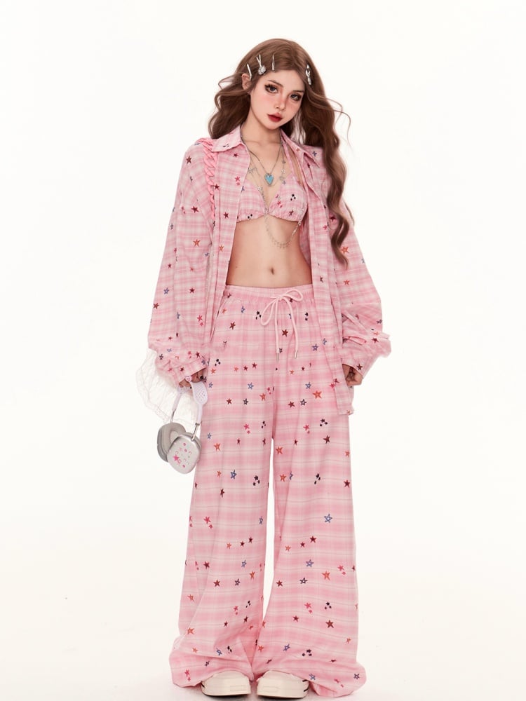 Wide-Leg Plaid Trousers with Drawstring Waist & Pink Star Print - 11shop97