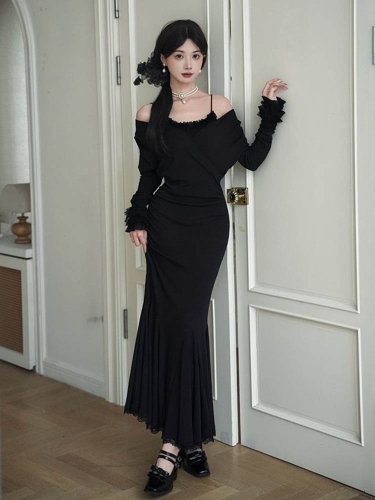 Black Bodycon Elegant V-Neck Dress Deep Knit Mermaid