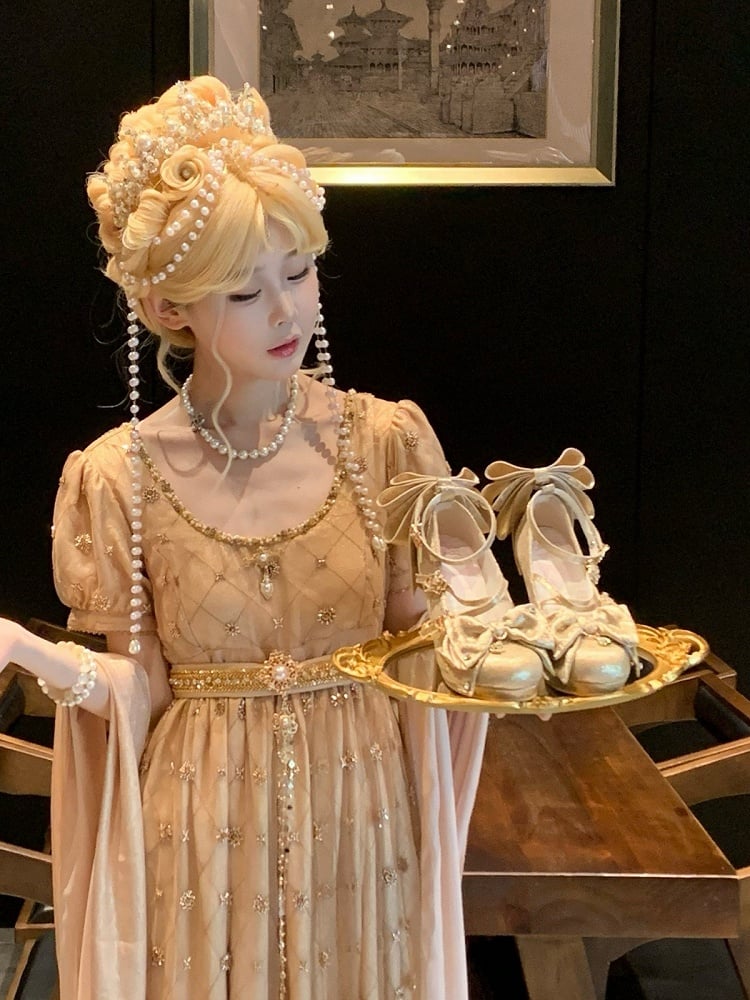 Gold Sparkling Satin Hanayome Lolita 8.5cm High Heels with Crown Buckle, Bowknot and Crystal Accents - Aimee
