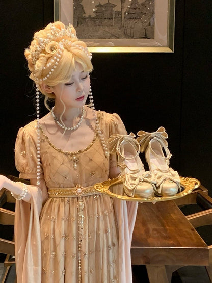 Gold Sparkling Satin Hanayome Lolita 8.5cm High Heels with Crown Buckle, Bowknot and Crystal Accents - Aimee
