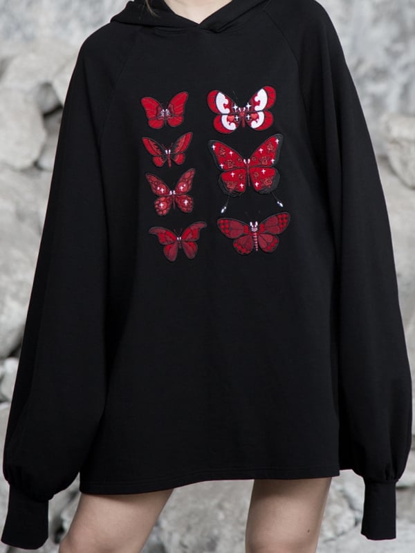 Flock Butterfly Dark Embroidery with Loose Delicate Romance Gothic Red Hoodie Black